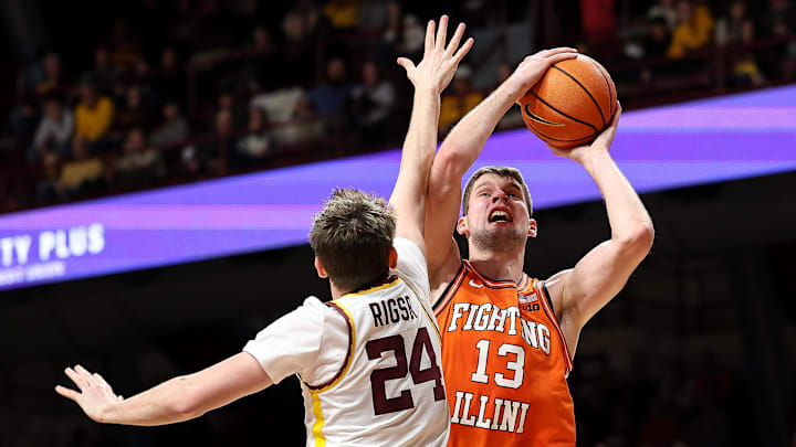 Feb 8, 2025; Minneapolis, Minnesota, USA; Illinois Fighting Illini center Tomislav Ivisic (13) shoots as Minnesota Golden Gophers guard Brennan Rigsby (24) defends during the second half at Williams Arena. Mandatory Credit: Matt Krohn-Imagn Images Feb 8, 2025; Minneapolis, Minnesota, USA; Illinois Fighting Illini center Tomislav Ivisic (13) shoots as Minnesota Golden Gophers guard Brennan Rigsby (24) defends during the second half at Williams Arena. Mandatory Credit: Matt Krohn-Imagn Images
