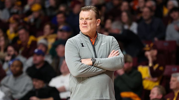 Feb 8, 2025; Minneapolis, Minnesota, USA; Illinois Fighting Illini head coach Brad Underwood looks on during the first half against the Minnesota Golden Gophers at Williams Arena. Mandatory Credit: Matt Krohn-Imagn Images