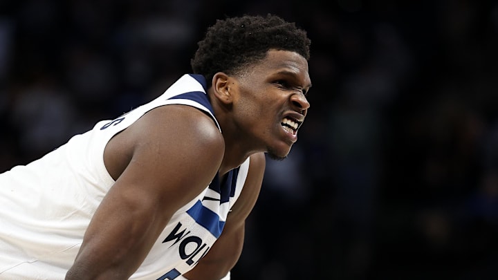 Jan 18, 2025; Minneapolis, Minnesota, USA; Minnesota Timberwolves guard Anthony Edwards (5) reacts during the third quarter against the Cleveland Cavaliers at Target Center. Jan 18, 2025; Minneapolis, Minnesota, USA; Minnesota Timberwolves guard Anthony Edwards (5) reacts during the third quarter against the Cleveland Cavaliers at Target Center.