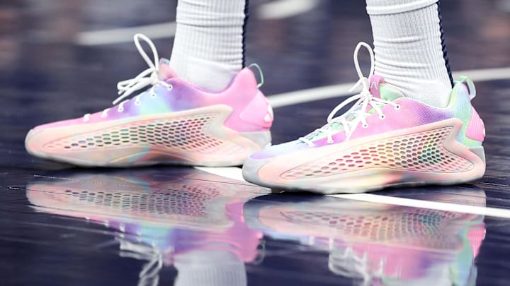 Jan 18, 2025; Minneapolis, Minnesota, USA; A detailed view of the shoes worn by Minnesota Timberwolves guard Anthony Edwards (5) during the third quarter against the Cleveland Cavaliers at Target Center.