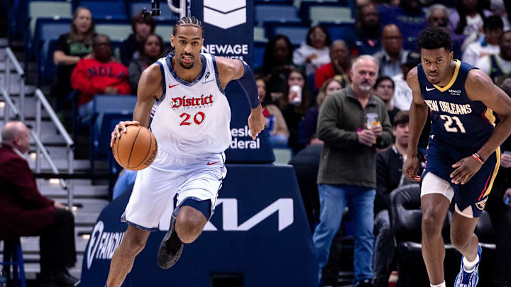 Jan 3, 2025; New Orleans, Louisiana, USA; Washington Wizards forward Alexandre Sarr (20) dribbles against New Orleans Pelicans center Yves Missi (21) during the first half at Smoothie King Center. Mandatory Credit: Stephen Lew-Imagn Images Jan 3, 2025; New Orleans, Louisiana, USA; Washington Wizards forward Alexandre Sarr (20) dribbles against New Orleans Pelicans center Yves Missi (21) during the first half at Smoothie King Center. Mandatory Credit: Stephen Lew-Imagn Images