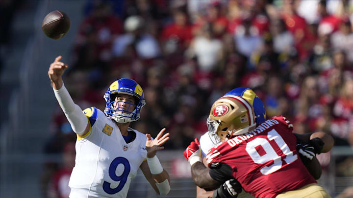 Nov 9, 2025; Santa Clara, California, USA; Los Angeles Rams quarterback Matthew Stafford (9) throws a pass during the first quarter against the San Francisco 49ers at Levi's Stadium. Mandatory Credit: Kyle Terada-Imagn Images