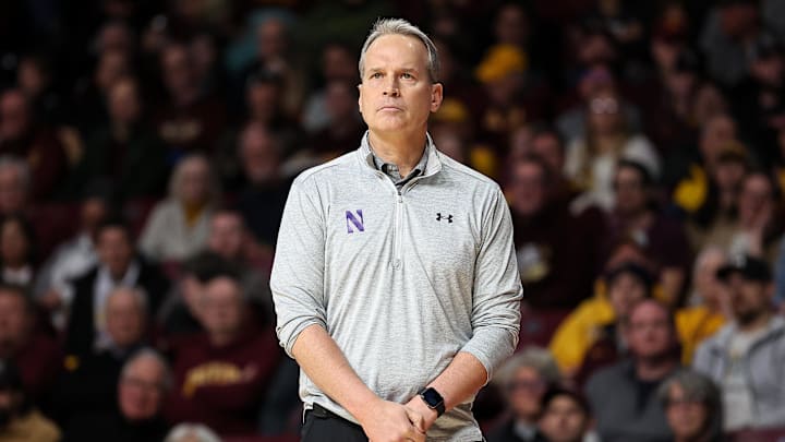 Feb 25, 2025; Minneapolis, Minnesota, USA; Northwestern Wildcats head coach Chris Collins looks on during the first half against the Minnesota Golden Gophers at Williams Arena. Mandatory Credit: Matt Krohn-Imagn Images