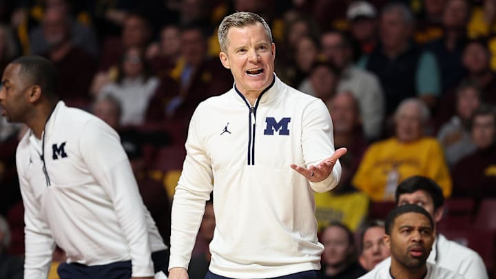 Jan 16, 2025; Minneapolis, Minnesota, USA; Michigan Wolverines head coach Dusty May reacts during overtime against the Minnesota Golden Gophers at Williams Arena. Mandatory Credit: Matt Krohn-Imagn Images