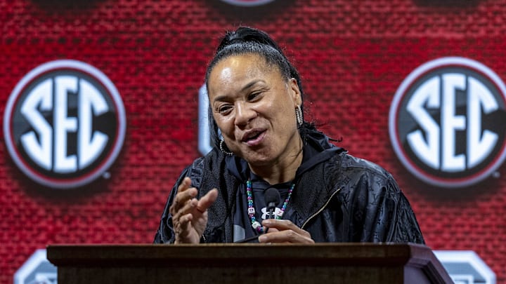 Oct 19, 2023; Birmingham, AL, USA; South Carolina Gamecocks head coach Dawn Staley talks with the media during the SEC Basketball Tipoff at Grand Bohemian Hotel Mountain Brook. Mandatory Credit: Vasha Hunt-Imagn Images Oct 19, 2023; Birmingham, AL, USA; South Carolina Gamecocks head coach Dawn Staley talks with the media during the SEC Basketball Tipoff at Grand Bohemian Hotel Mountain Brook. Mandatory Credit: Vasha Hunt-Imagn Images