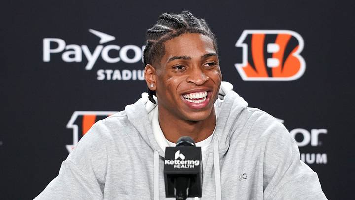 Cincinnati Bengals third round pick Tacario Davis speaks with media during the 2026 NFL Draft, Saturday, April 25, 2026, at Paycor Stadium in downtown Cincinnati.