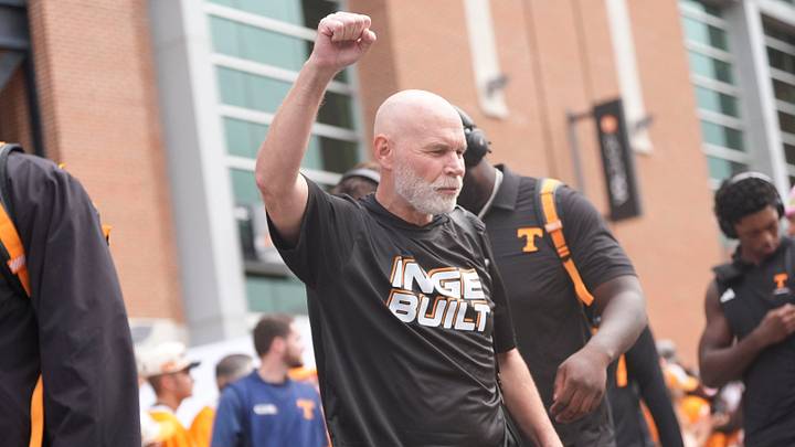 Defensive coordinator Jim Knowles wears an “Inge Built” shirt supporting linebackers coach William Inge, during the Vol Walk before a game between Tennessee and Auburn in Knoxville, Tenn., Oct. 3, 2026. Defensive coordinator Jim Knowles wears an “Inge Built” shirt supporting linebackers coach William Inge, during the Vol Walk before a game between Tennessee and Auburn in Knoxville, Tenn., Oct. 3, 2026.