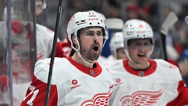 Jan 21, 2026; Toronto, Ontario, CAN;  Detroit Red Wings forward Dylan Larkin (71) celebrates aftert scoring the winning goal in overtime against the Toronto Maple Leafs  at Scotiabank Arena. Mandatory Credit: Dan Hamilton-Imagn Images