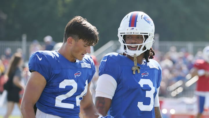Bills defensive backs Cole Bishop and Damar Hamlin talk between drills during day six of Buffalo Bills training camp at St. John Fisher University Tuesday, July 29, 2025 in Pittsford, NY. Bills defensive backs Cole Bishop and Damar Hamlin talk between drills during day six of Buffalo Bills training camp at St. John Fisher University Tuesday, July 29, 2025 in Pittsford, NY.
