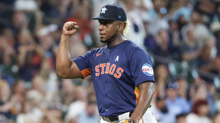 Jun 16, 2024; Houston, Texas, USA;  Houston Astros starting pitcher Ronel Blanco (56) reacts to a catch.