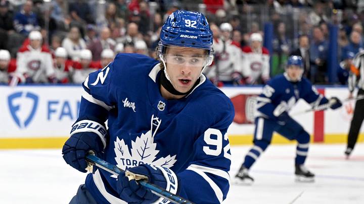 Sep 19, 2026; Toronto, Ontario, CAN;  Toronto Maple Leafs forward Gavin McKenna (92) pursues the play against the Montreal Canadiens in the first period at Scotiabank Arena.  Mandatory Credit: Dan Hamilton-Imagn Images