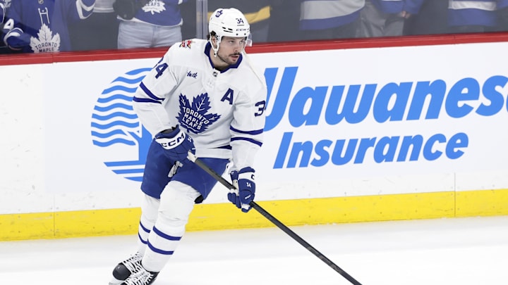 Jan 27, 2024; Winnipeg, Manitoba, CAN; Toronto Maple Leafs center Auston Matthews (34) warms up