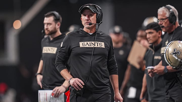 Sep 29, 2024; Atlanta, Georgia, USA; New Orleans Saints head coach Dennis Allen on the sideline during the game against the Atlanta Falcons at Mercedes-Benz Stadium. Mandatory Credit: Dale Zanine-Imagn Images