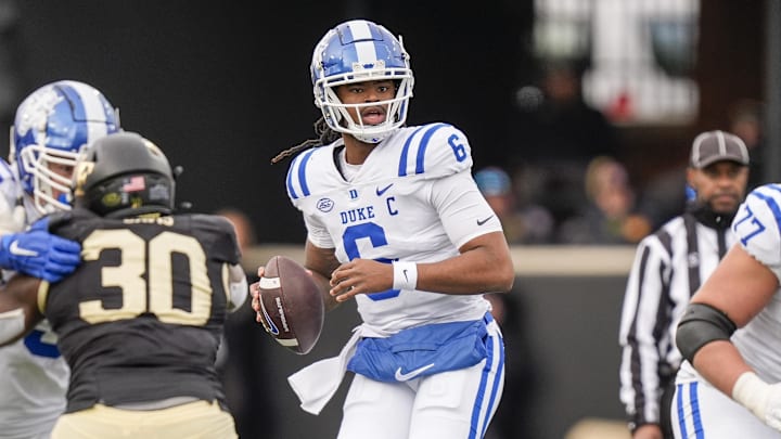 Nov 30, 2024; Winston-Salem, North Carolina, USA; Duke Blue Devils quarterback Maalik Murphy (6) looks for an open receiver against the Wake Forest Demon Deacons during the second half at Allegacy Federal Credit Union Stadium. Mandatory Credit: Jim Dedmon-Imagn Images