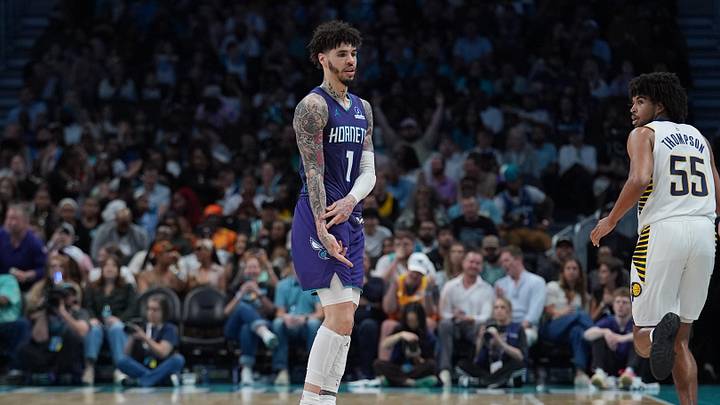 Charlotte Hornets guard LaMelo Ball (1) after scoring a three-point basket 