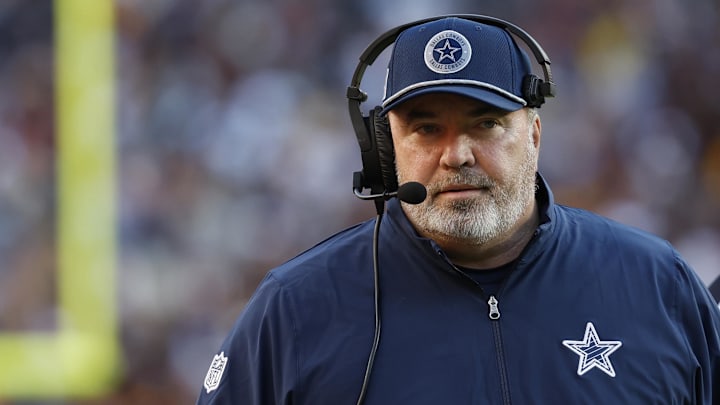 Nov 24, 2024; Landover, Maryland, USA; Dallas Cowboys head coach Mike McCarthy stands on the sidelines against the Washington Commanders at Northwest Stadium. Mandatory Credit: Geoff Burke-Imagn Images
