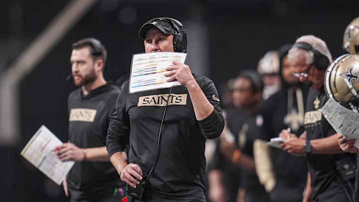 Sep 29, 2024; Atlanta, Georgia, USA; New Orleans Saints head coach Dennis Allen on the sideline during the game against the Atlanta Falcons at Mercedes-Benz Stadium. Mandatory Credit: Dale Zanine-Imagn Images