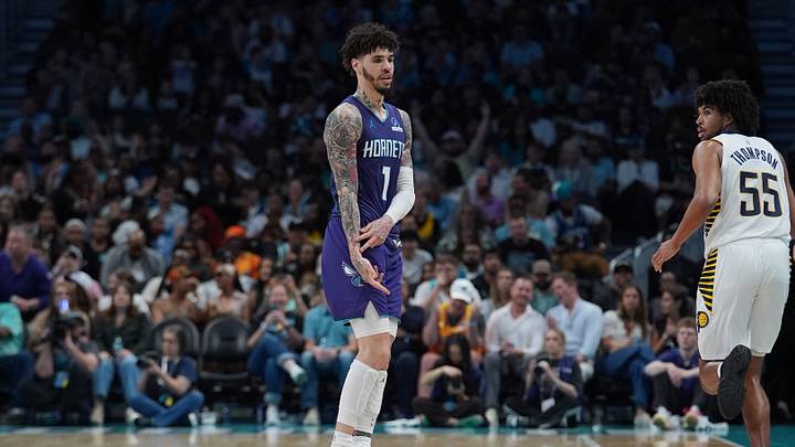 Charlotte Hornets guard LaMelo Ball (1) after scoring a three-point basket Charlotte Hornets guard LaMelo Ball (1) after scoring a three-point basket