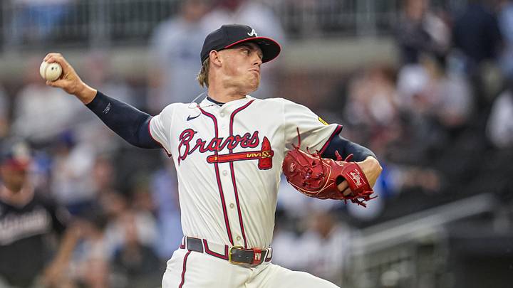 Sep 23, 2025; Cumberland, Georgia, USA; Atlanta Braves starting pitcher Hurston Waldrep (64) pitches against the Washington Nationals during the first inning at Truist Park. Mandatory Credit: Dale Zanine-Imagn Images