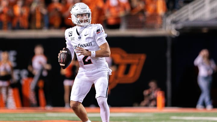 Oct 18, 2025; Stillwater, Oklahoma, USA; Cincinnati Bearcats quarterback Brendan Sorsby (2) looks to pass during the second half against the Oklahoma State Cowboys  at Boone Pickens Stadium. Mandatory Credit: William Purnell-Imagn Images
