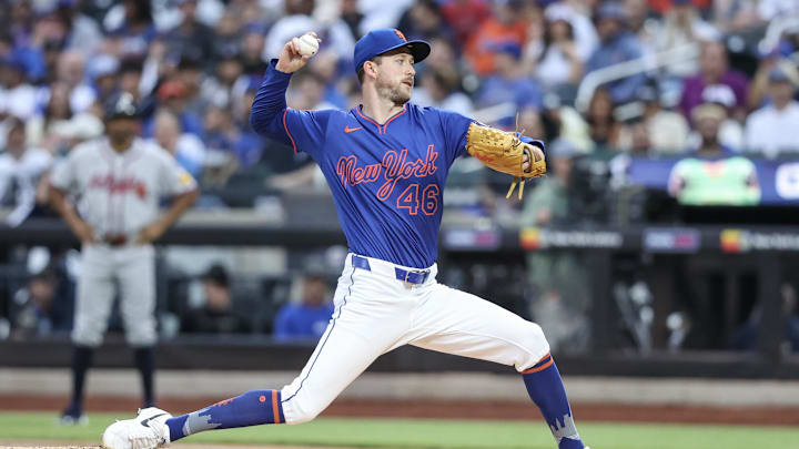 Jun 26, 2025; New York City, New York, USA;  New York Mets starting pitcher Griffin Canning (46) pitches in the first inning against the Atlanta Braves at Citi Field. Mandatory Credit: Wendell Cruz-Imagn Images