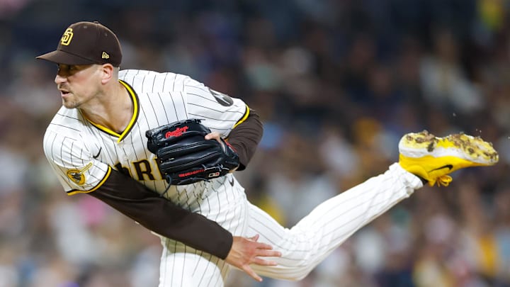 Jul 5, 2025; San Diego, California, USA; San Diego Padres relief pitcher Bryan Hoeing (78)  throws a pitch during the eighth inning against the Texas Rangers at Petco Park. Mandatory Credit: David Frerker-Imagn Images