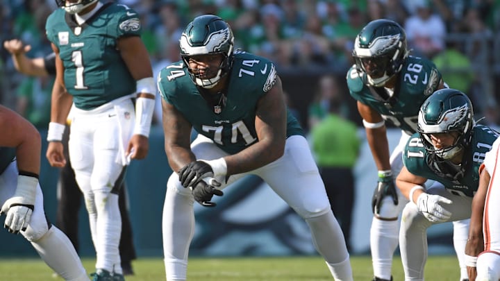 Oct 13, 2024; Philadelphia, Pennsylvania, USA; Philadelphia Eagles offensive tackle Fred Johnson (74) against the Cleveland Browns at Lincoln Financial Field. Mandatory Credit: Eric Hartline-Imagn Images