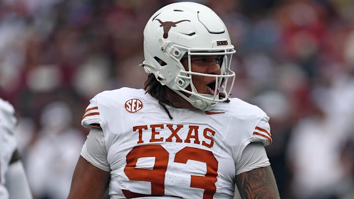 Texas Longhorns defensive linemen Hero Kanu reacts during the first quarter  against the Mississippi State Bulldogs at Davis Wade Stadium at Scott Field. 