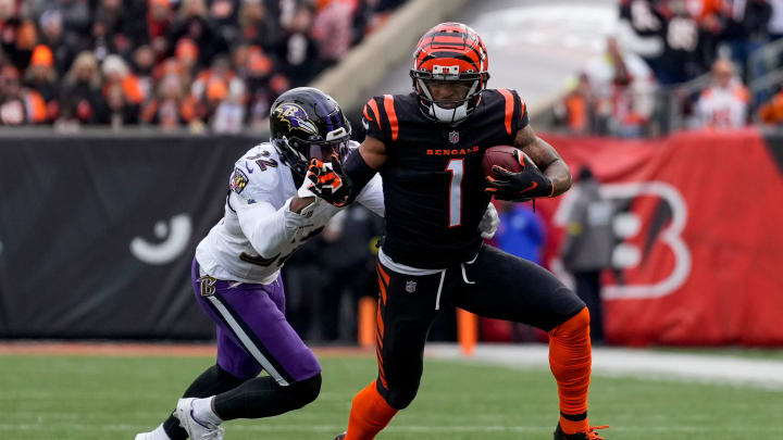 Cincinnati Bengals wide receiver Ja'Marr Chase (1) breaks away from Baltimore Ravens safety Marcus Williams (32) on a reception in the first quarter of the NFL Week 18 game between the Cincinnati Bengals and the Baltimore Ravens at Paycor Stadium in downtown Cincinnati on Sunday, Jan. 8, 2023. The Bengals led 24-7 at halftime.

Baltimore Ravens At Cincinnati Bengals Nfl Week 18