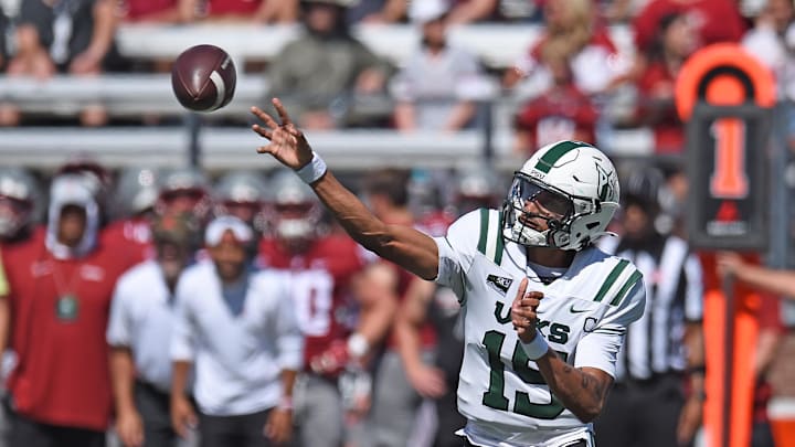 Aug 31, 2024; Pullman, Washington, USA; Portland State Vikings quarterback Dante Chachere (15) throws a pass against the Washington State Cougars in the first half at Gesa Field at Martin Stadium. Aug 31, 2024; Pullman, Washington, USA; Portland State Vikings quarterback Dante Chachere (15) throws a pass against the Washington State Cougars in the first half at Gesa Field at Martin Stadium.