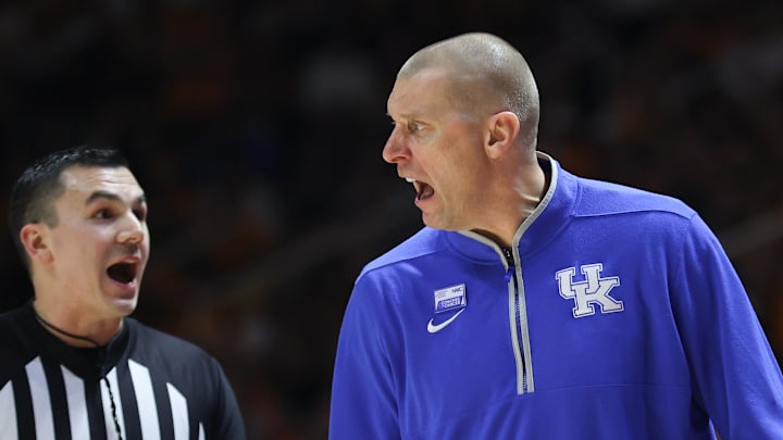 Jan 28, 2025; Knoxville, Tennessee, USA; Kentucky Wildcats head coach Mark Pope shouts at an official during the first half against the Tennessee Volunteers at Thompson-Boling Arena at Food City Center. Mandatory Credit: Randy Sartin-Imagn Images