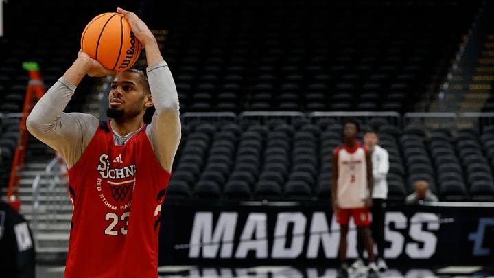 Mar 26, 2026; Washington, DC, USA; St. John's Red Storm forward Bryce Hopkins (23) shoots the ball during a practice session ahead of the east regional of the men's 2026 NCAA Tournament at Capital One Arena. Mar 26, 2026; Washington, DC, USA; St. John's Red Storm forward Bryce Hopkins (23) shoots the ball during a practice session ahead of the east regional of the men's 2026 NCAA Tournament at Capital One Arena.