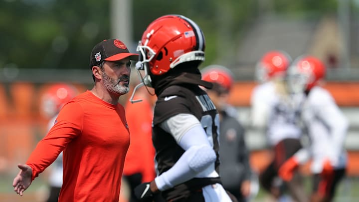 Browns head coach Kevin Stefanski watches minicamp, Tuesday, June 11, 2024, in Berea.