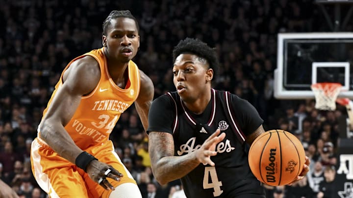 Feb 22, 2025; College Station, Texas, USA; Texas A&M Aggies guard Wade Taylor IV (4) drives to the basket against the Tennessee Volunteers during the first half at Reed Arena. Mandatory Credit: Maria Lysaker-Imagn Images 