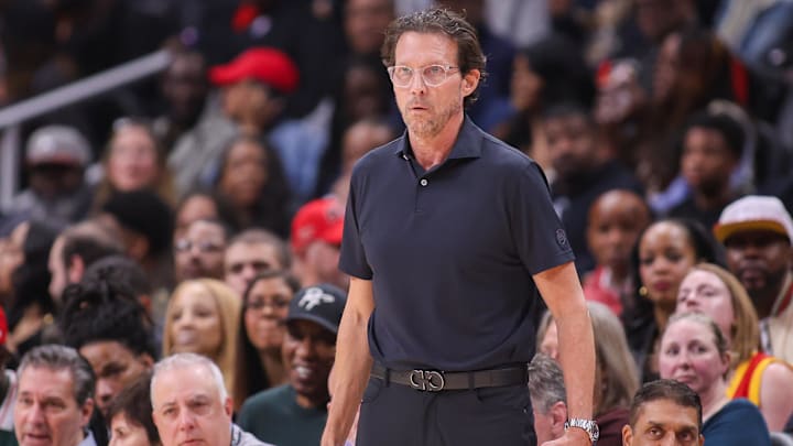 Nov 18, 2025; Atlanta, Georgia, USA; Atlanta Hawks head coach Quin Snyder on the sideline against the Detroit Pistons in the third quarter at State Farm Arena. Mandatory Credit: Brett Davis-Imagn Images