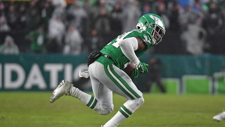 Nov 26, 2023; Philadelphia, Pennsylvania, USA; Philadelphia Eagles cornerback James Bradberry (24) intercepts a pass against the Buffalo Bills at Lincoln Financial Field. Mandatory Credit: Eric Hartline-Imagn Images