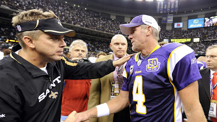 September 9, 2010; New Orleans, LA, USA;  New Orleans Saints head coach Sean Payton greets Minnesota Vikings quarterback Brett Favre (4) midfield following the Saints victory over the Vikings 14-9.  Mandatory Credit: John David Mercer-Imagn Images