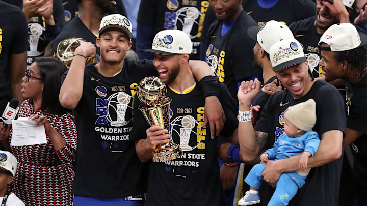 Jun 16, 2022; Boston, Massachusetts, USA; Golden State Warriors guard Jordan Poole (3), guard Stephen Curry (30), and guard Damion Lee (1) celebrate after defeating the Boston Celtics in game six of the 2022 NBA Finals at the TD Garden. Mandatory Credit: Paul Rutherford-Imagn Images