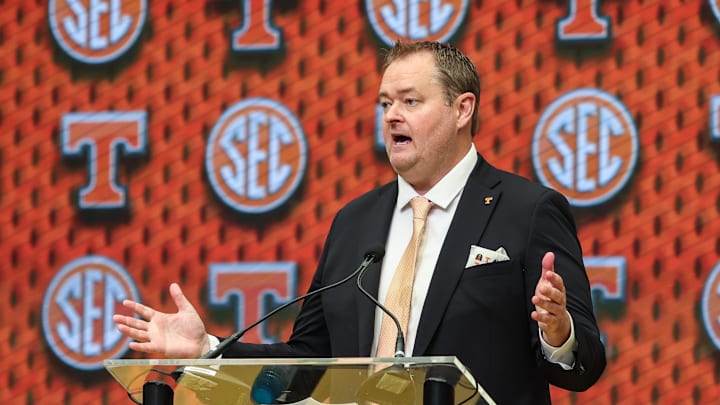 Jul 15, 2025; Atlanta, GA, USA; Tennessee Volunteers head coach Josh Heupel talks to the media during SEC Media Days at Omni Atlanta Hotel. Mandatory Credit: Jordan Godfree-Imagn Images