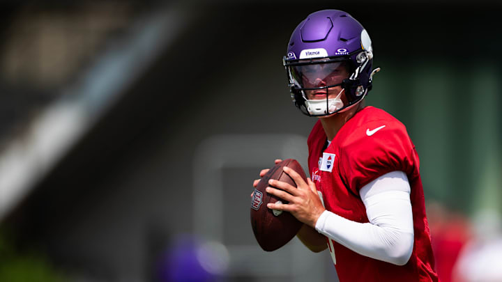 J.J. McCarthy throws a pass at Vikings training camp in 2024