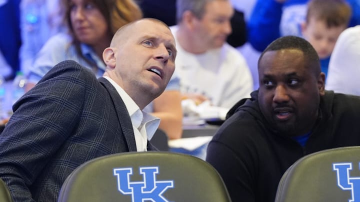 Kentucky’s head coach Mark Pope, left, watches the NCAA Tournament Selection Show inside Rupp Arena Sunday night.
March 16, 2025