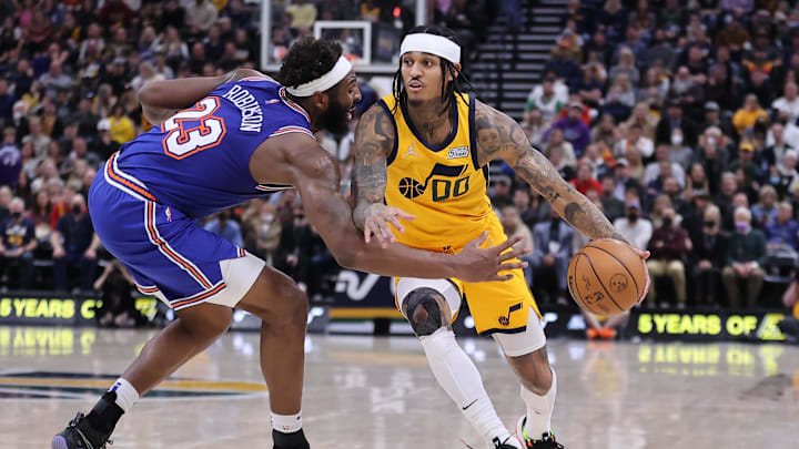 Feb 7, 2022; Salt Lake City, Utah, USA; Utah Jazz guard Jordan Clarkson (00) drives with the ball