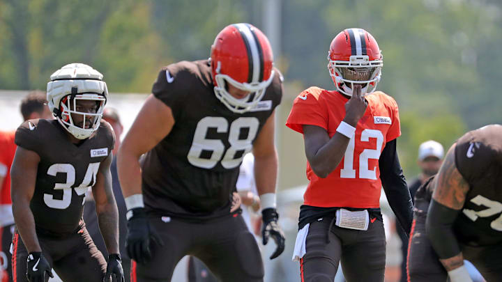 Cleveland Browns quarterback Shedeur Sanders (12) during NFL training camp at CrossCountry Mortgage Campus, Friday, Aug. 1, 2025, in Berea, Ohio.