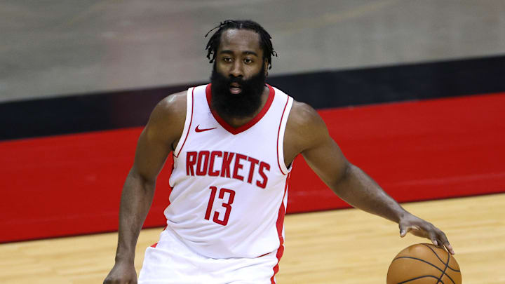 Dec 17, 2020; Houston, TX, USA; James Harden #13 of the Houston Rockets controls the ball during the first half of a game against the San Antonio Spurs at the Toyota Center on December 17, 2020 in Houston, Texas. Mandatory Credit: Carmen Mandato/Pool Photo-Imagn Images Dec 17, 2020; Houston, TX, USA; James Harden #13 of the Houston Rockets controls the ball during the first half of a game against the San Antonio Spurs at the Toyota Center on December 17, 2020 in Houston, Texas. Mandatory Credit: Carmen Mandato/Pool Photo-Imagn Images