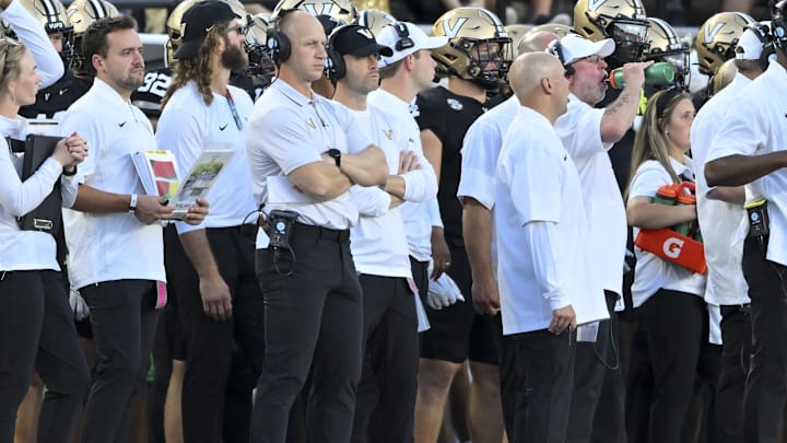 Aug 30, 2025; Nashville, Tennessee, USA;  Vanderbilt Commodores head coach Clark Lea looks on against the Charleston Southern Buccaneers during the first half at FirstBank Stadium. Mandatory Credit: Steve Roberts-Imagn Images