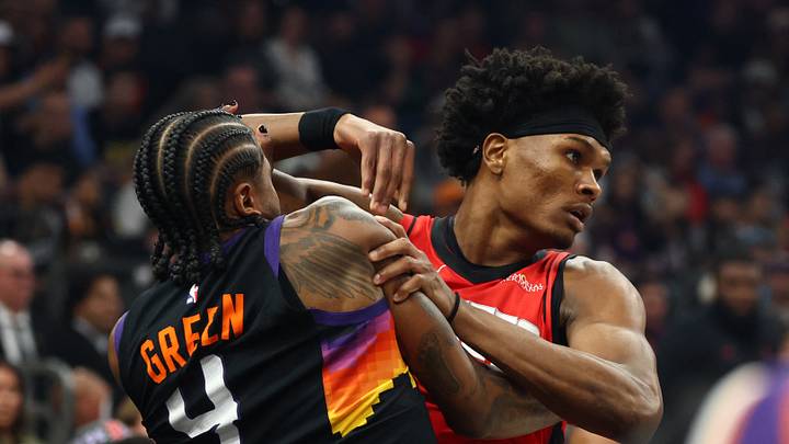 Apr 7, 2026; Phoenix, Arizona, USA; Phoenix Suns guard Jalen Green (4) scuffles with Houston Rockets guard Amen Thompson in the first half at Mortgage Matchup Center. Mandatory Credit: Mark J. Rebilas-Imagn Images Apr 7, 2026; Phoenix, Arizona, USA; Phoenix Suns guard Jalen Green (4) scuffles with Houston Rockets guard Amen Thompson in the first half at Mortgage Matchup Center. Mandatory Credit: Mark J. Rebilas-Imagn Images