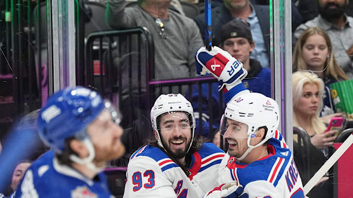 Dec 19, 2023; Toronto, Ontario, CAN; New York Rangers center Mika Zibanejad (93) scores a goal and