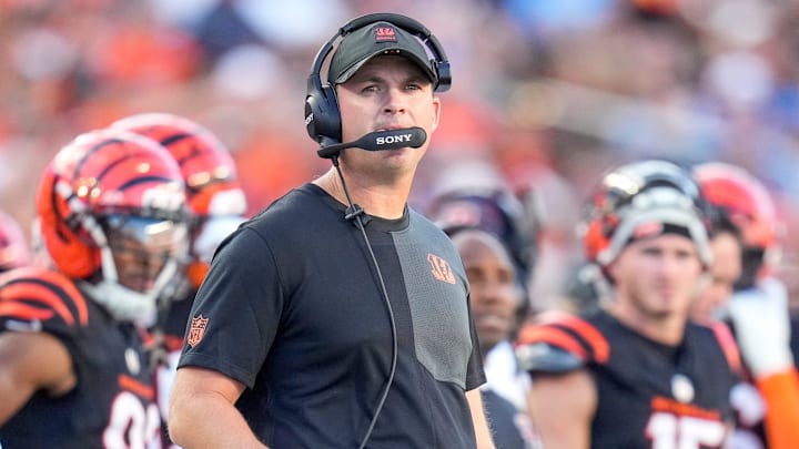 Cincinnati Bengals head coach Zac Taylor watches a replay in the second quarter of the NFL Week 5 game between the Cincinnati Bengals and the Detroit Lions at Paycor Stadium in downtown Cincinnati on Sunday, Oct. 5, 2025.