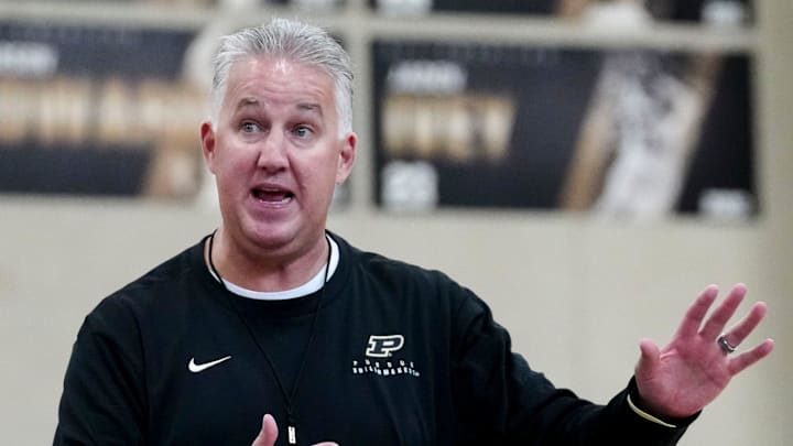 Purdue Boilermakers head coach Matt Painter speaks during practice.