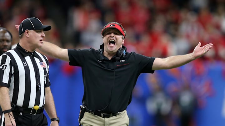 Jan 1, 2020; New Orleans, Louisiana, USA; Georgia Bulldogs head coach Kirby Smart yells at a referee after a penalty in the second half against the Baylor Bears at the Sugar Bowl at the Mercedes-Benz Superdome. Mandatory Credit: Chuck Cook-Imagn Images